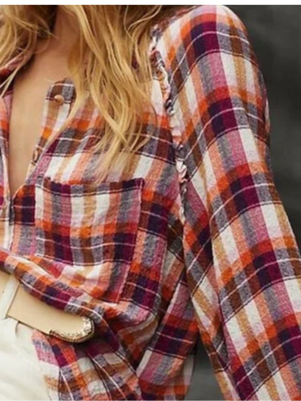Anthropologie Pilcro Breezy Plaid Button Up Blouse Top Purple Orange Size XL - Picture 3 of 12
